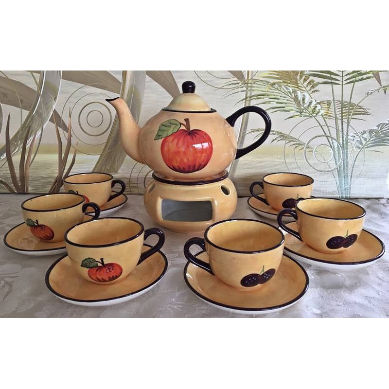 großes Teekannenset Toscana bestehend aus Teekanne, Stövchen und 6 Stück Tassen mit Untersetzer