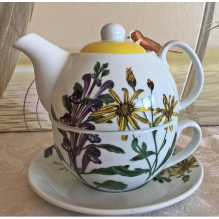 Tea for One mit Blumen Motiven auf weißer Kanne mit gelbem Deckel